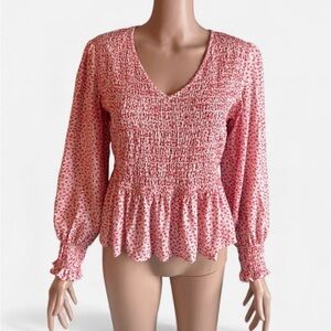 Japna Women’s Large Smocked Peplum Blouse Red Floral Long Sleeves V-Neck Boho